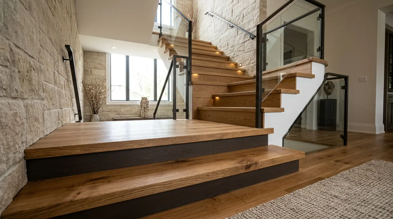 Custom milled hardwood stair treads and risers professionally installed