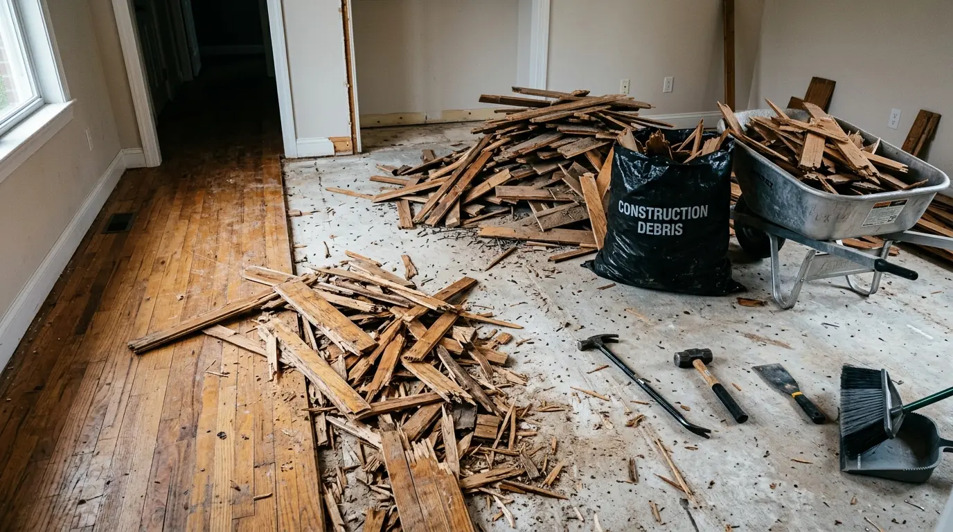 Flooring removal and disposal in progress