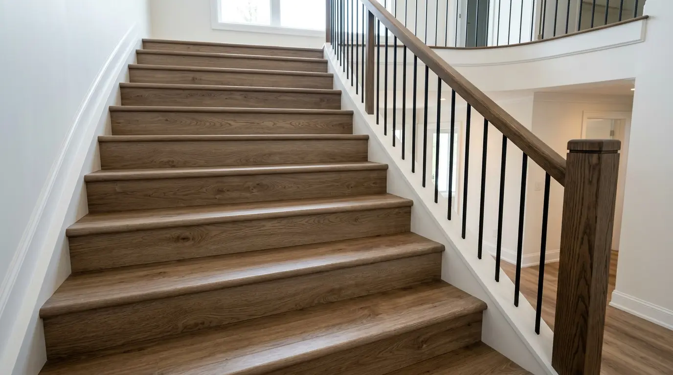 Glue-down LVP stair installation with clean nosings and tight risers